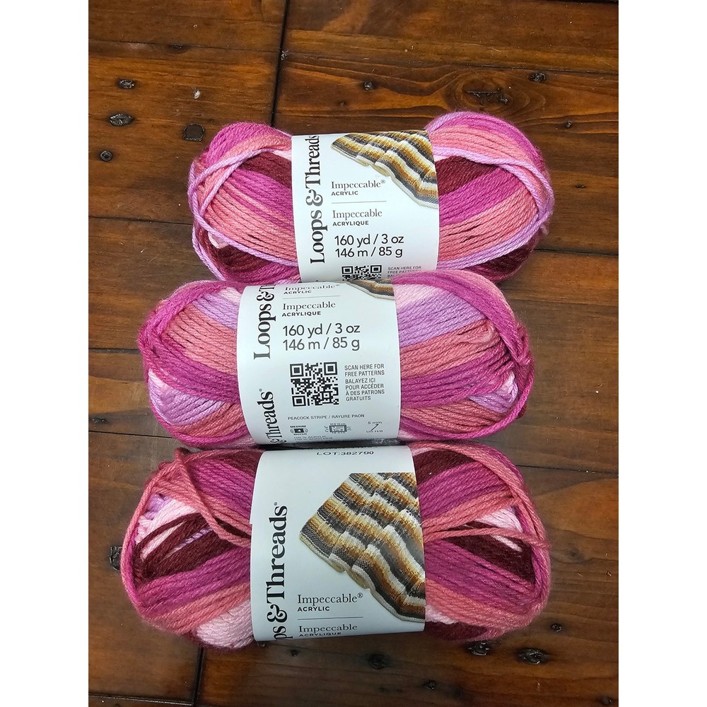 3 Skeins Loops & Threads Impeccable Acrylic Yarn Peacock Stripe Pink Magenta 480